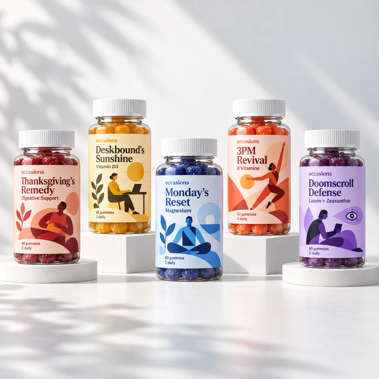 Five occasions gummy bottles: Thanksgiving’s Remedy, Deskbound’s Sunshine, Monday’s Reset, 3PM Revival, and Doomscroll Defense